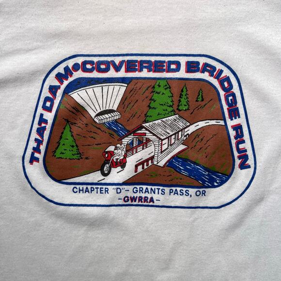 True Vintage 80s Jerzees Dam Covered Bridge Run Motorcycle Race Ringer T Shirt M - Picture 3 of 11
